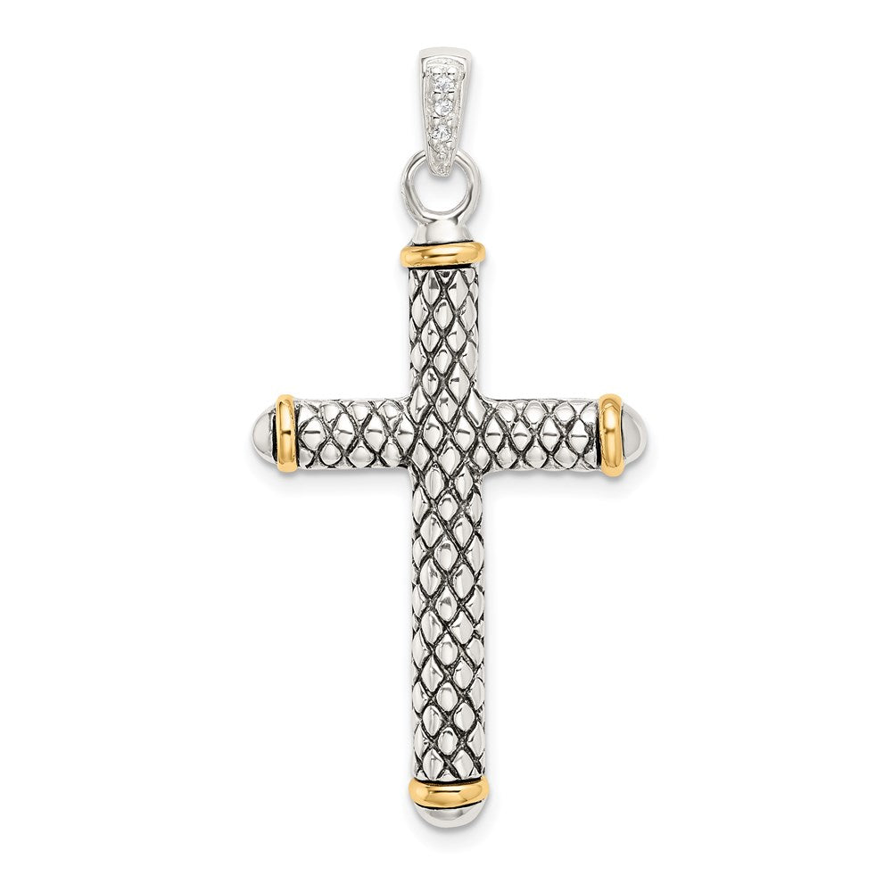 Sterling Silver w/14k White Topaz On Bail Antiqued Cross Pendant