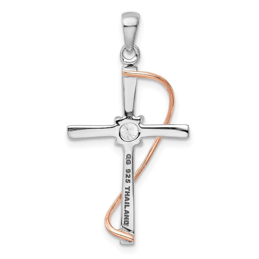 Sterling Silver Rhodium & Rose-tone Polished CZ Cross Pendant