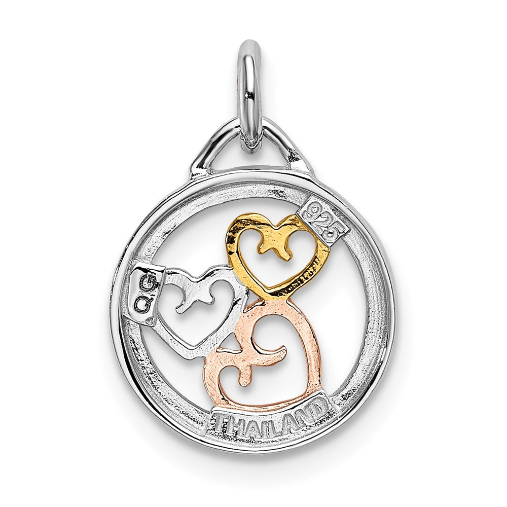 Sterling Silver Rhodium, Rose & Gold-tone Polished Hearts Pendant