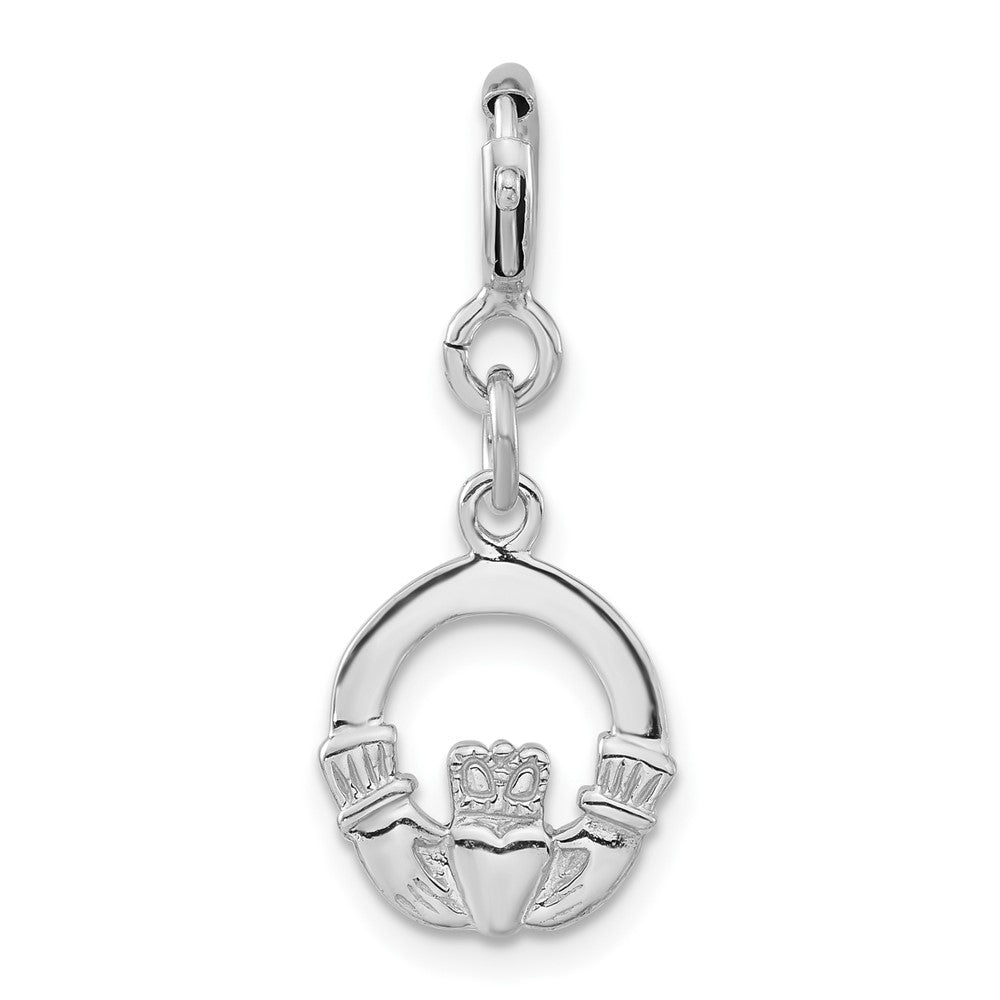 Sterling Silver Rhodium-plated Claddagh w/ Spring Ring Clasp Charm