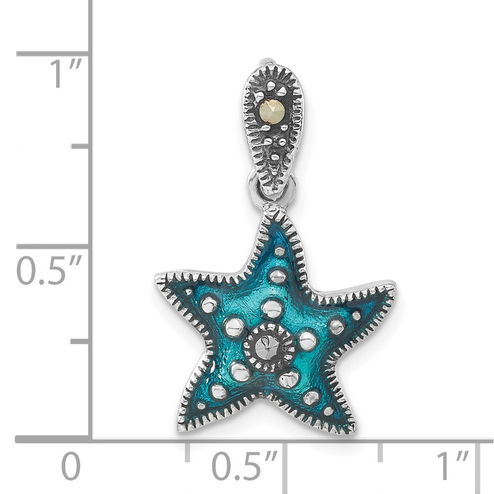 Sterling Silver Polished & Antiqued Blue Epoxy & Marcasite Star Pendant