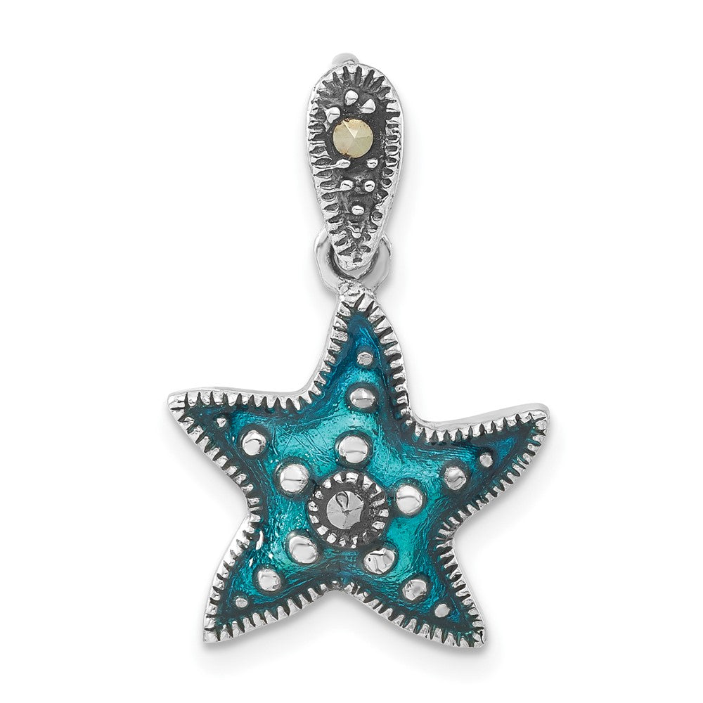 Sterling Silver Polished & Antiqued Blue Epoxy & Marcasite Star Pendant