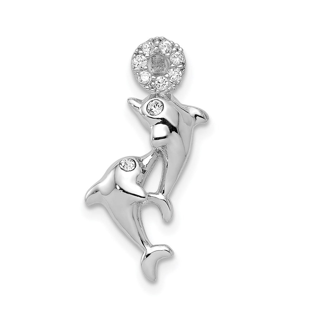 Sterling Silver Rhodium-plated Crystal Dolphins Chain Slide