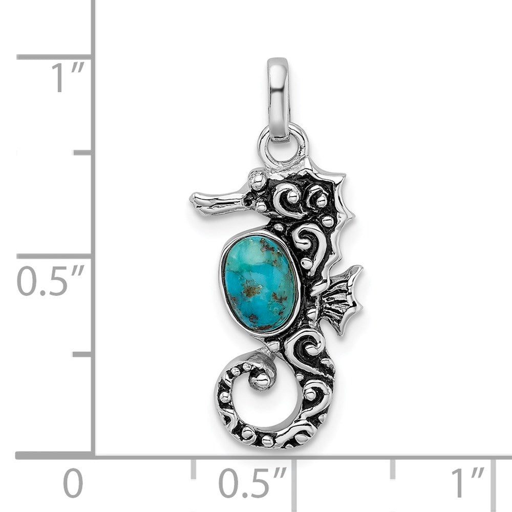 Sterling Silver Rhodium-plated Antiqued Reconconstructed Turquoise Seahorse Pendant