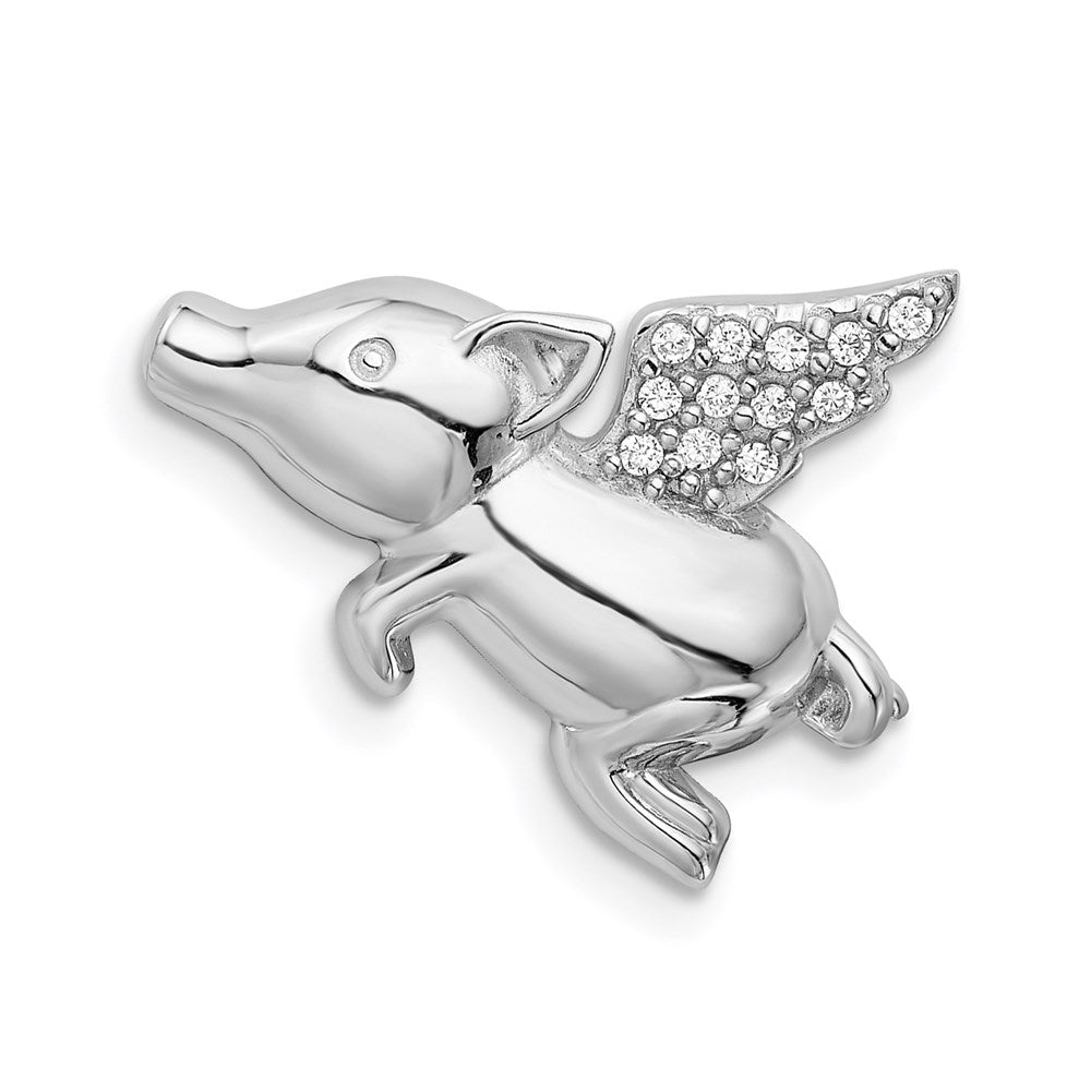 Sterling Silver Rhodium-plated Polished w/CZ Flying Pig Chain Slide