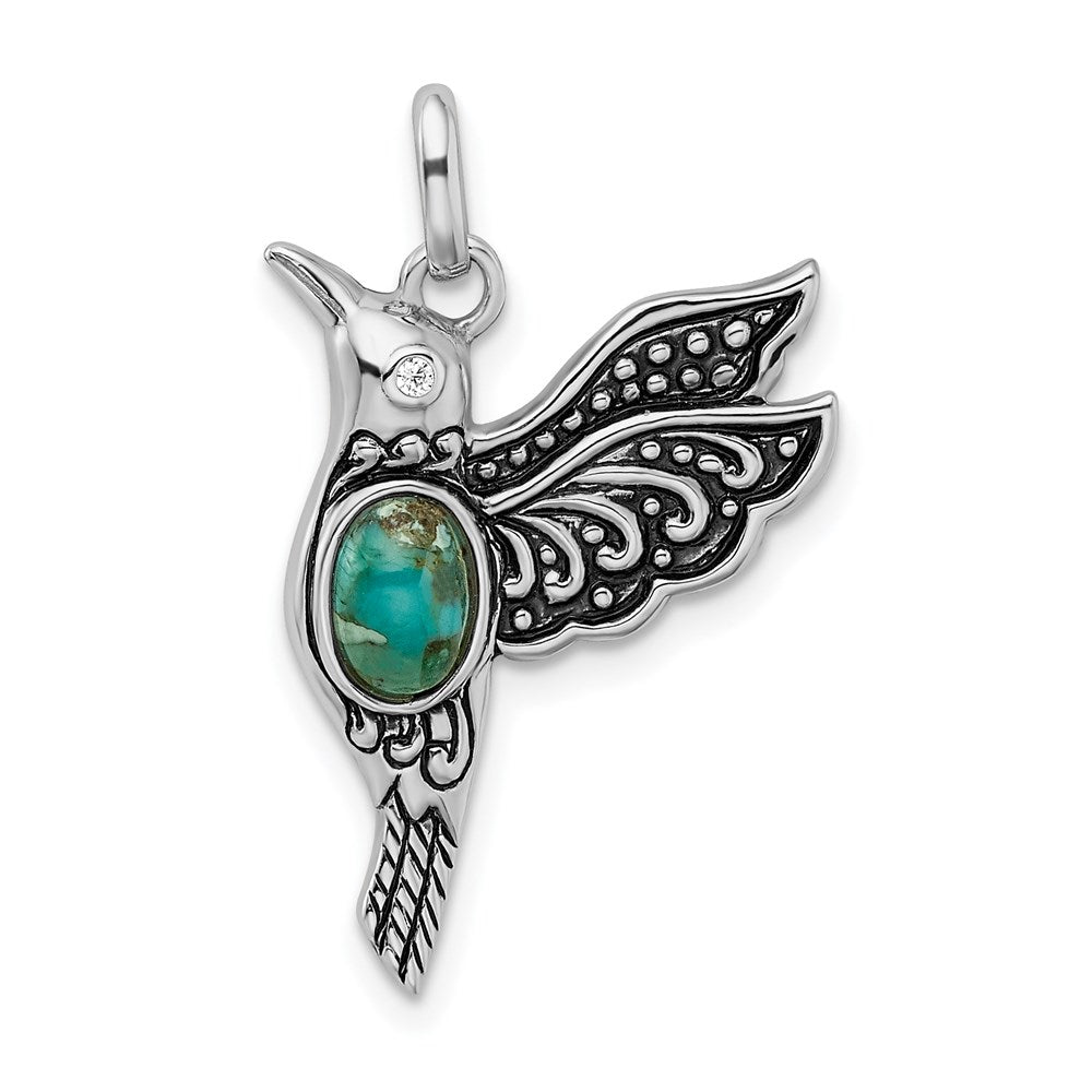 Sterling Silver Rhodium/Oxidized Recon. Turq/CZ Hummingbird Pendant