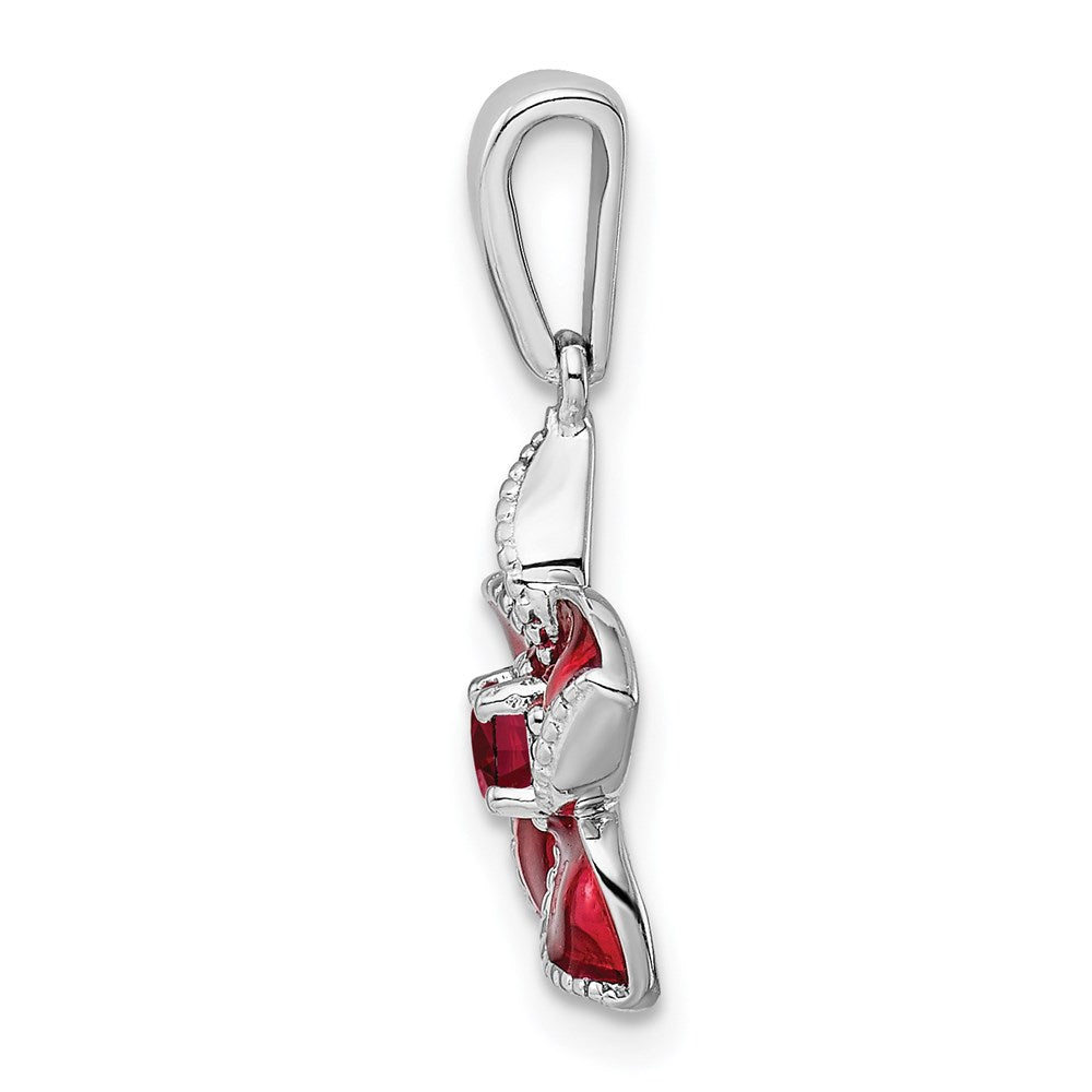 Sterling Silver Rhod-plated Created Ruby and Enamel Flower Pendant