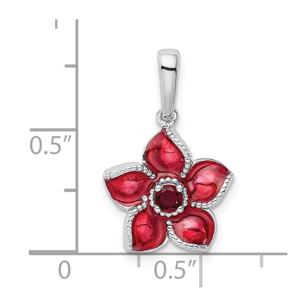 Sterling Silver Rhod-plated Created Ruby and Enamel Flower Pendant