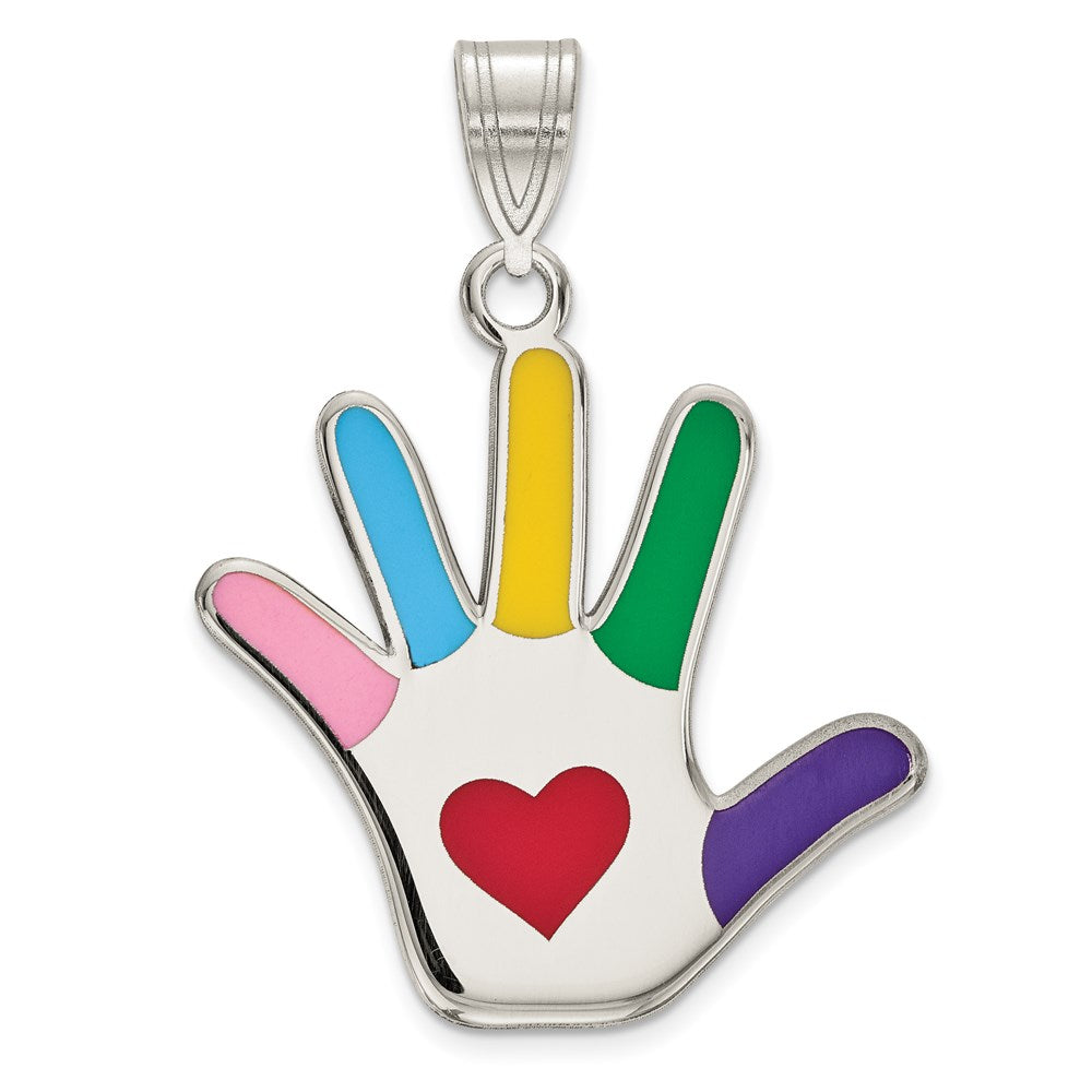 Sterling Silver Rhod-plate Enamel Autism w/Heart Handprint Pendant