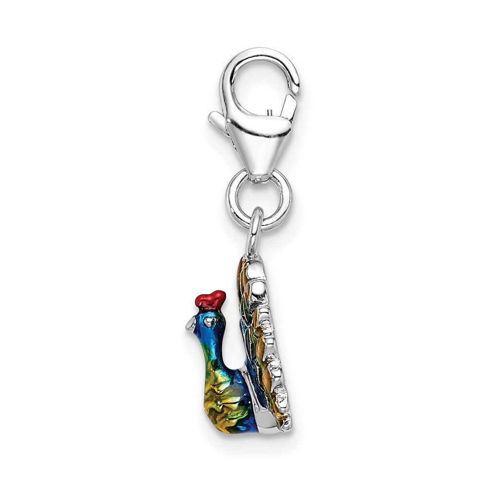 Amore La Vita Sterling Silver Rhodium-plated Polished 3-D Enameled Peacock Charm with Fancy Lobster Clasp