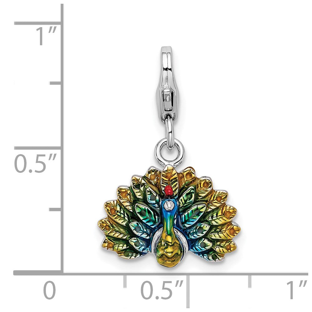 Amore La Vita Sterling Silver Rhodium-plated Polished 3-D Enameled Peacock Charm with Fancy Lobster Clasp