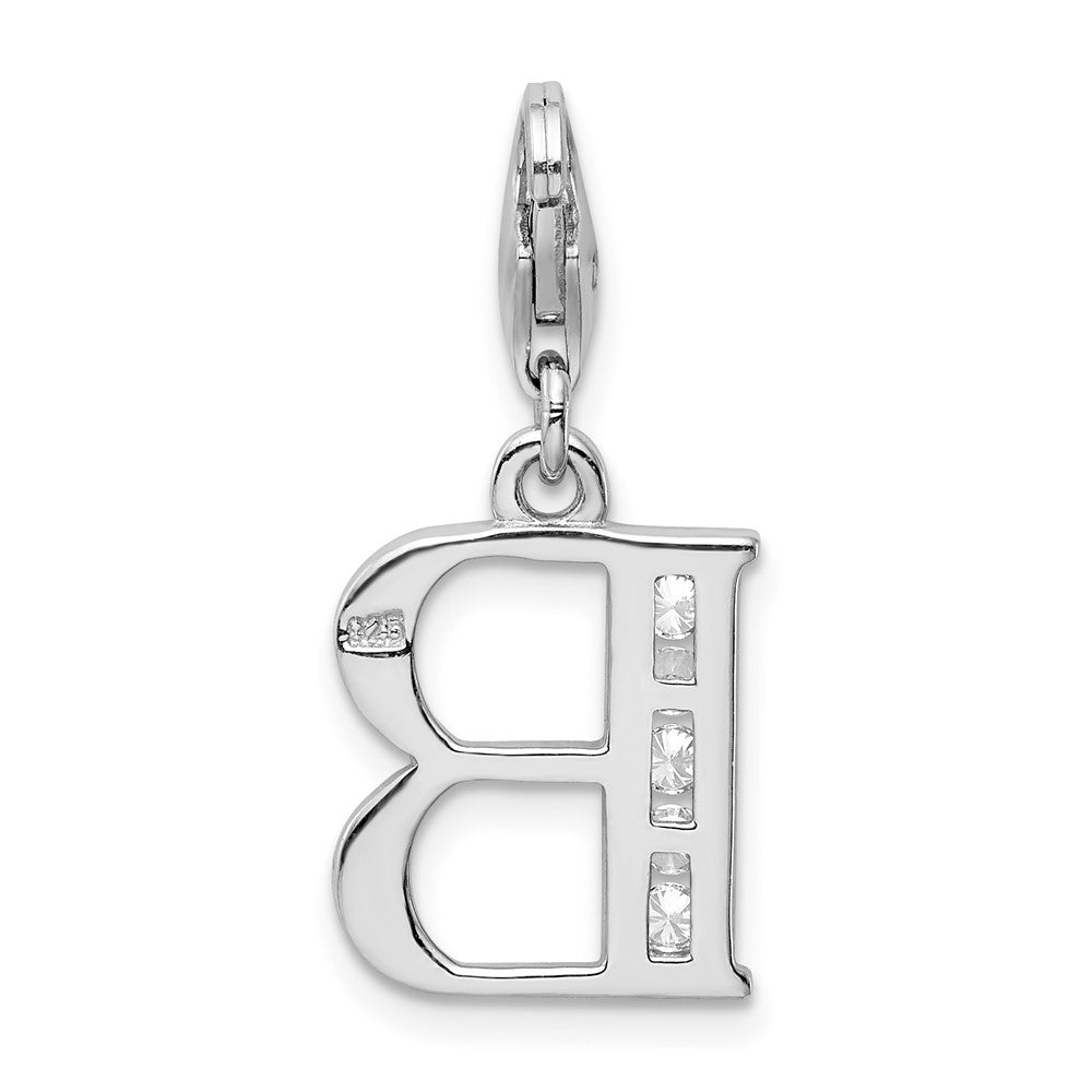 Amore La Vita Sterling Silver Rhodium-plated Polished CZ Letter B Initial Charm with Fancy Lobster Clasp