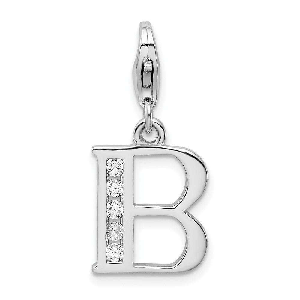 Amore La Vita Sterling Silver Rhodium-plated Polished CZ Letter B Initial Charm with Fancy Lobster Clasp