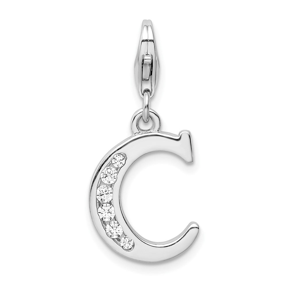 Amore La Vita Sterling Silver Rhodium-plated Polished CZ Letter C Initial Charm with Fancy Lobster Clasp