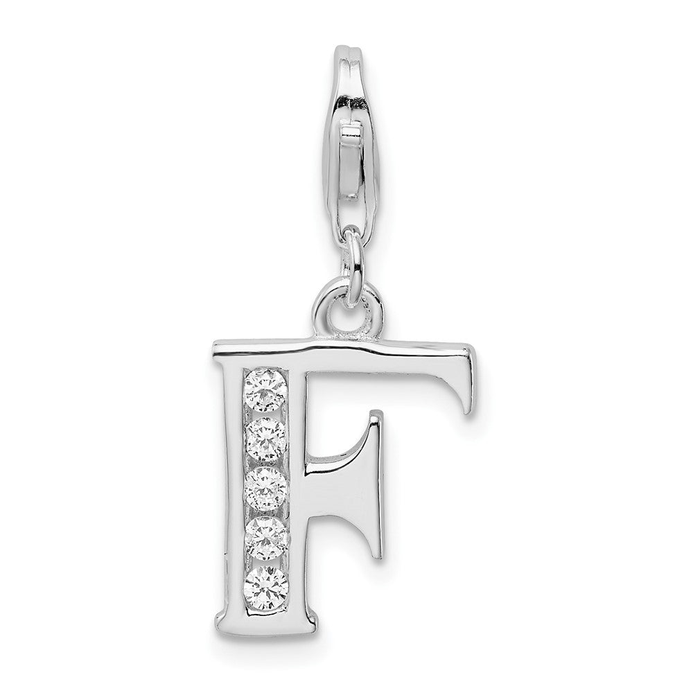 Amore La Vita Sterling Silver Rhodium-plated Polished CZ Letter F Initial Charm with Fancy Lobster Clasp