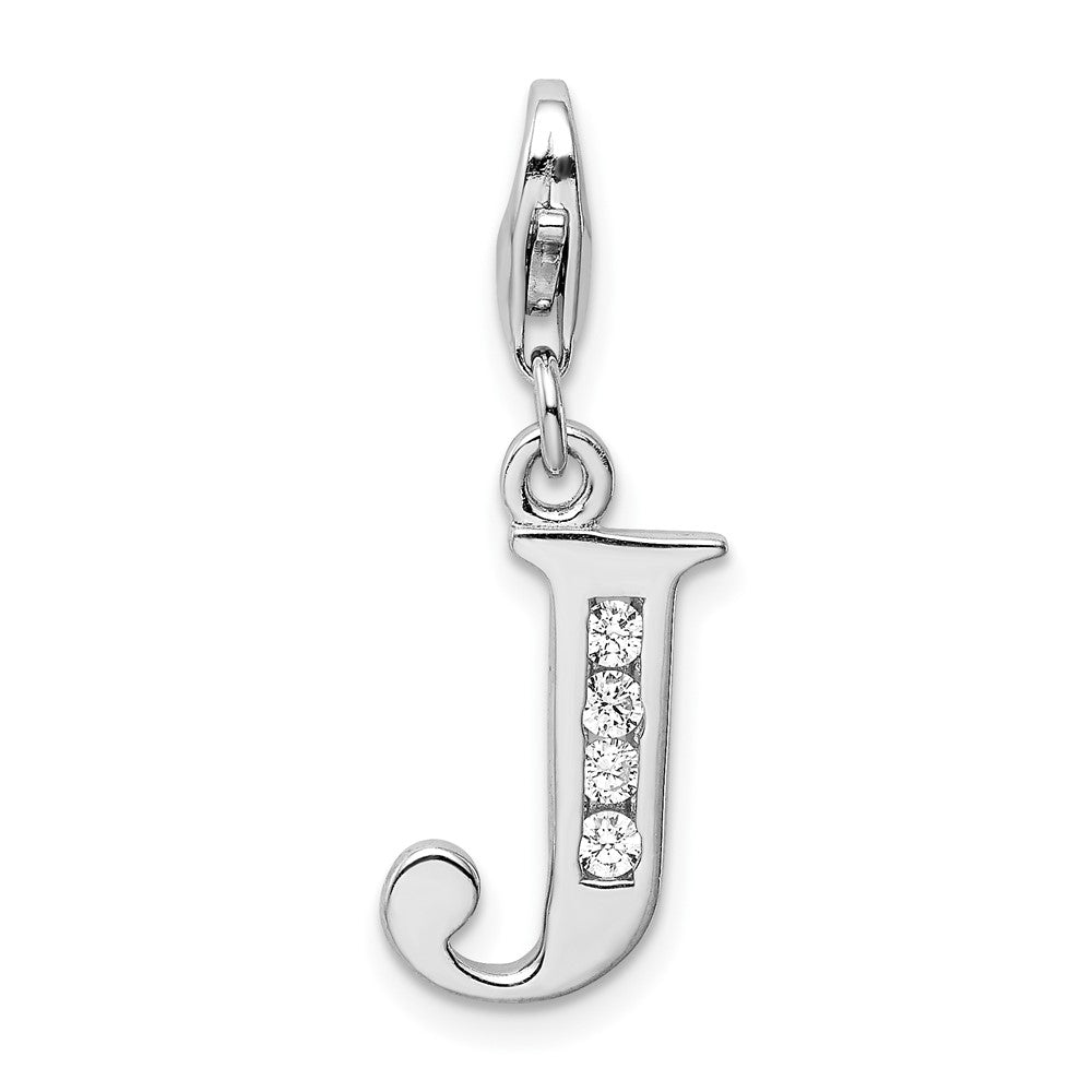 Amore La Vita Sterling Silver Rhodium-plated Polished CZ Letter J Initial Charm with Fancy Lobster Clasp