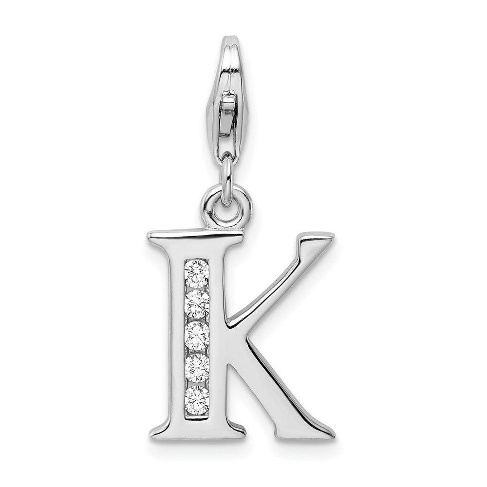 Amore La Vita Sterling Silver Rhodium-plated Polished CZ Letter K Initial Charm with Fancy Lobster Clasp