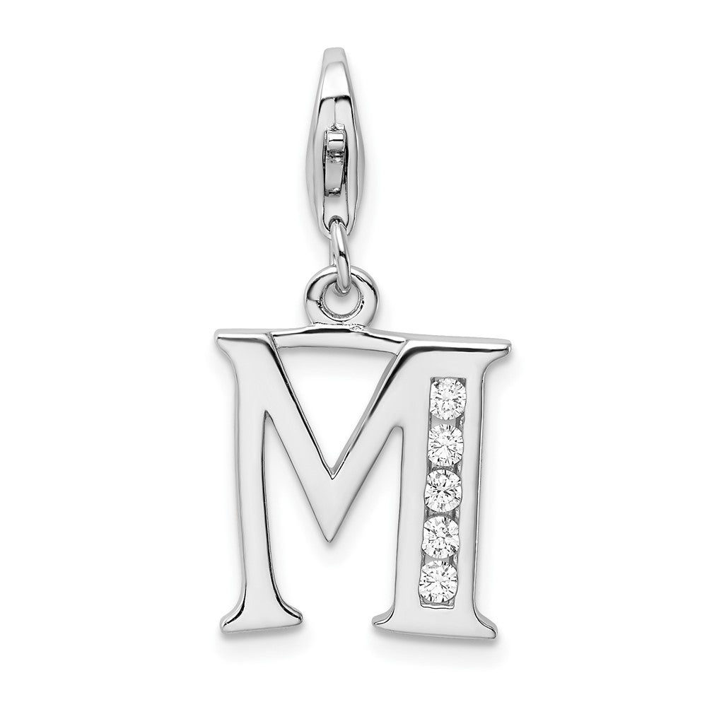 Amore La Vita Sterling Silver Rhodium-plated Polished CZ Letter M Initial Charm with Fancy Lobster Clasp