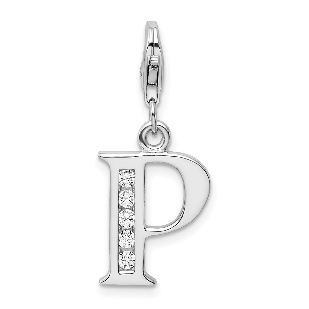 Amore La Vita Sterling Silver Rhodium-plated Polished CZ Letter P Initial Charm with Fancy Lobster Clasp