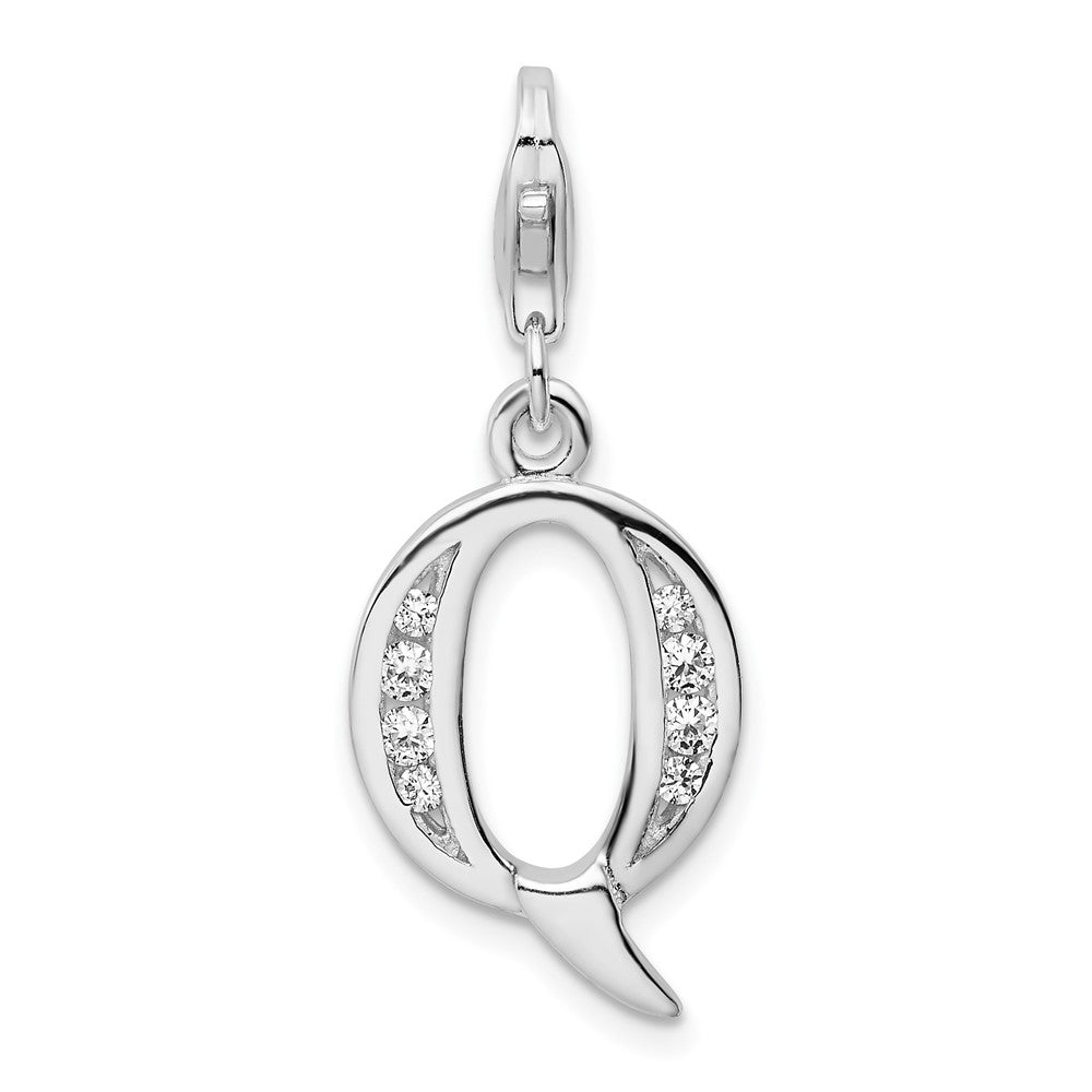 Amore La Vita Sterling Silver Rhodium-plated Polished CZ Letter Q Initial Charm with Fancy Lobster Clasp