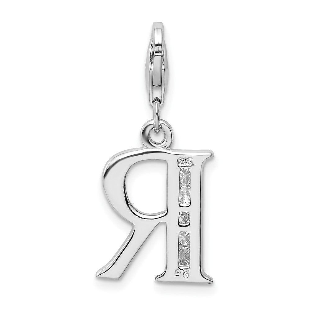 Amore La Vita Sterling Silver Rhodium-plated Polished CZ Letter R Initial Charm with Fancy Lobster Clasp