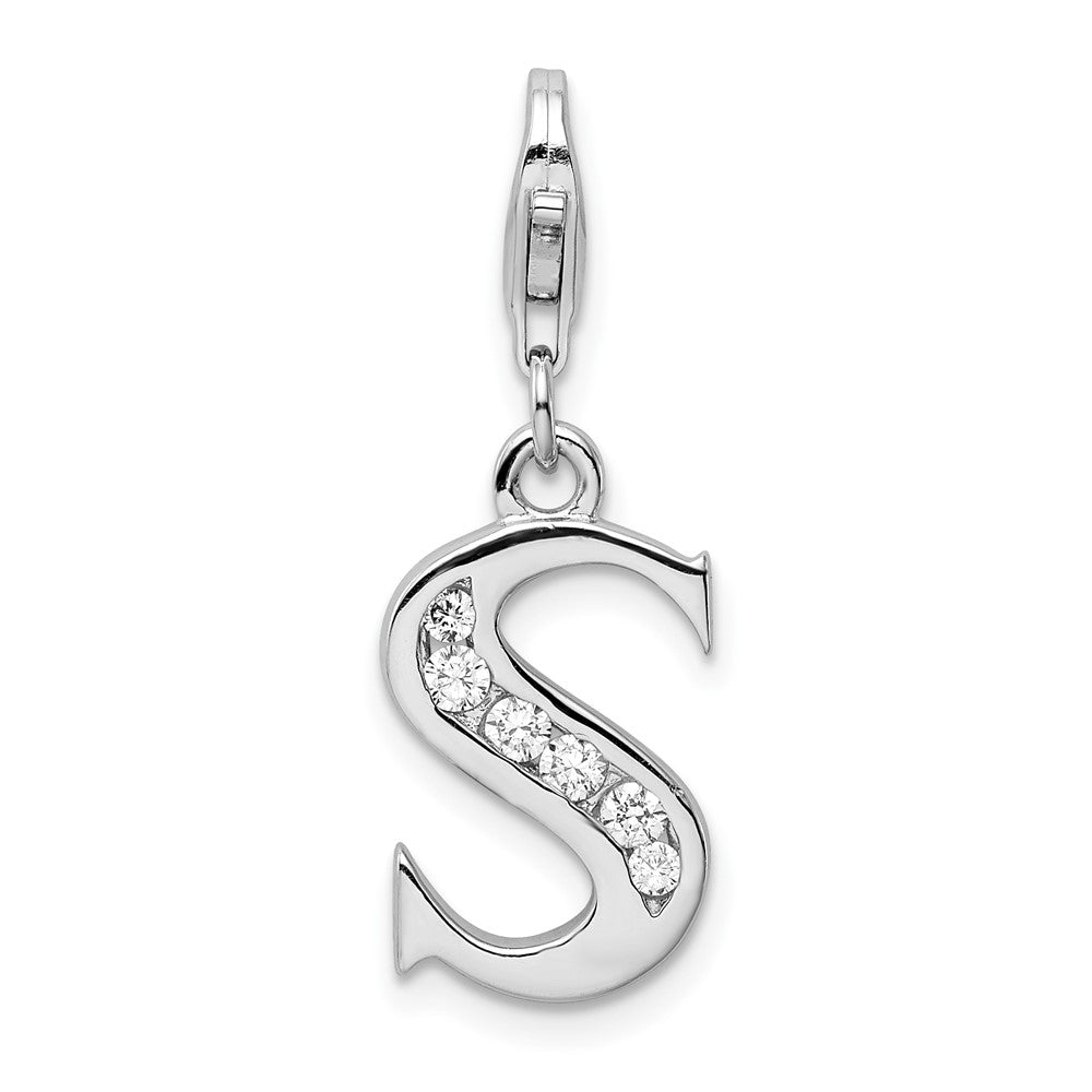 Amore La Vita Sterling Silver Rhodium-plated Polished CZ Letter S Initial Charm with Fancy Lobster Clasp