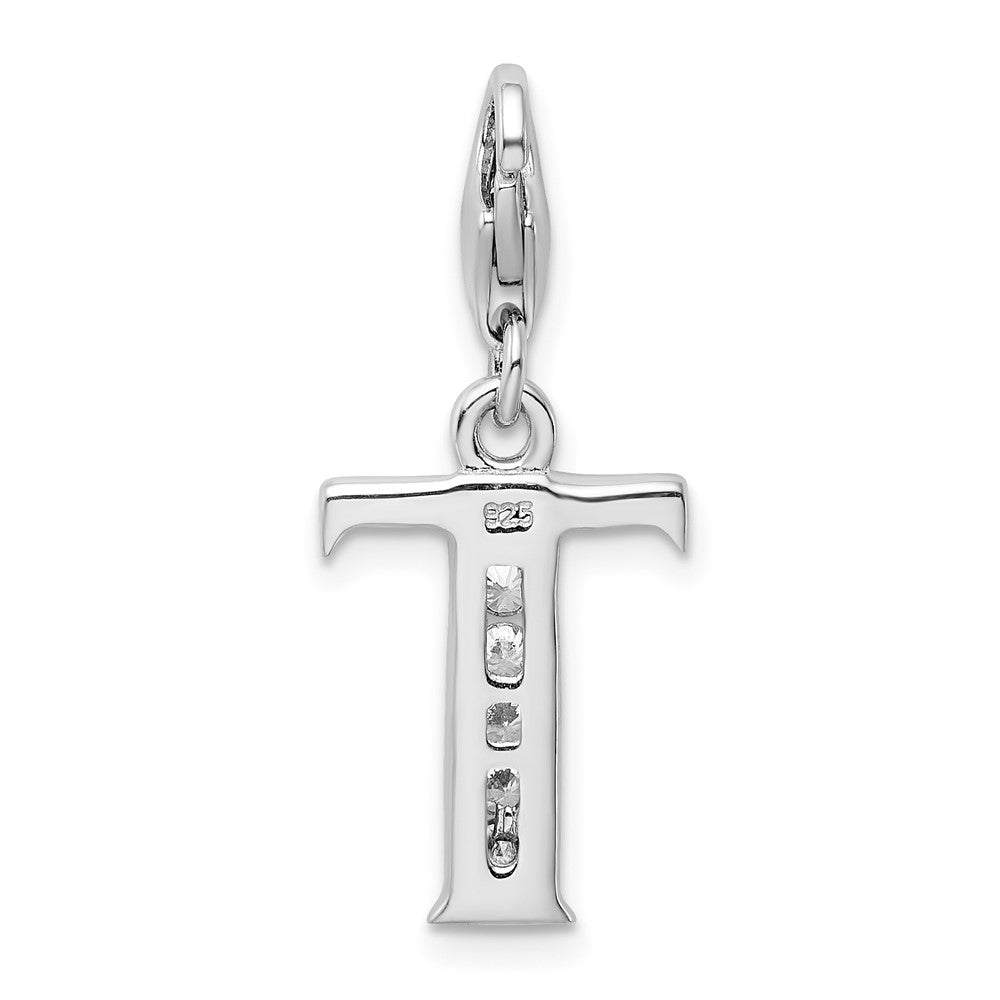 Amore La Vita Sterling Silver Rhodium-plated Polished CZ Letter T Initial Charm with Fancy Lobster Clasp