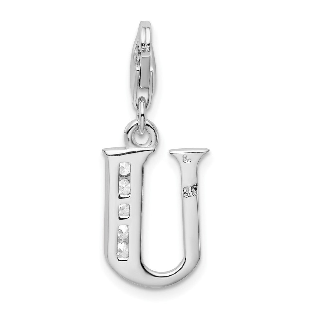 Amore La Vita Sterling Silver Rhodium-plated Polished CZ Letter U Initial Charm with Fancy Lobster Clasp