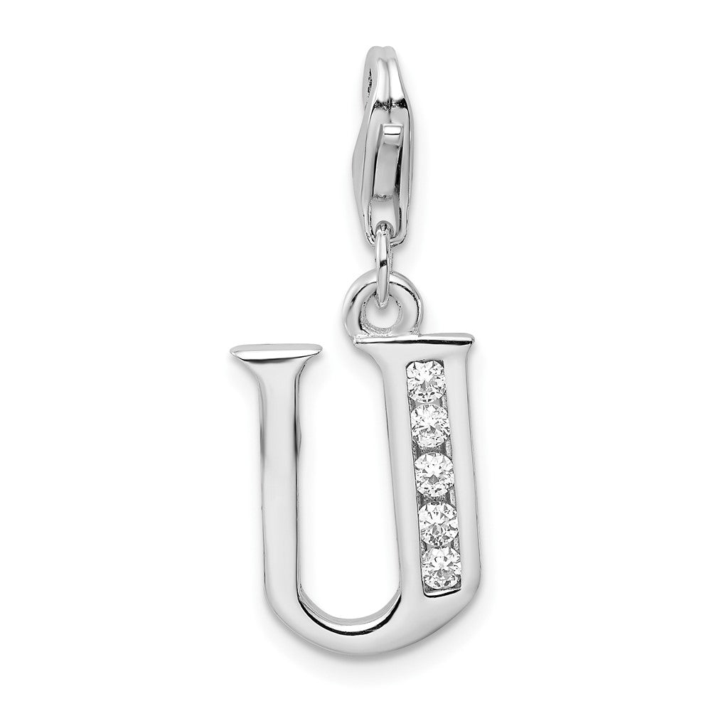 Amore La Vita Sterling Silver Rhodium-plated Polished CZ Letter U Initial Charm with Fancy Lobster Clasp