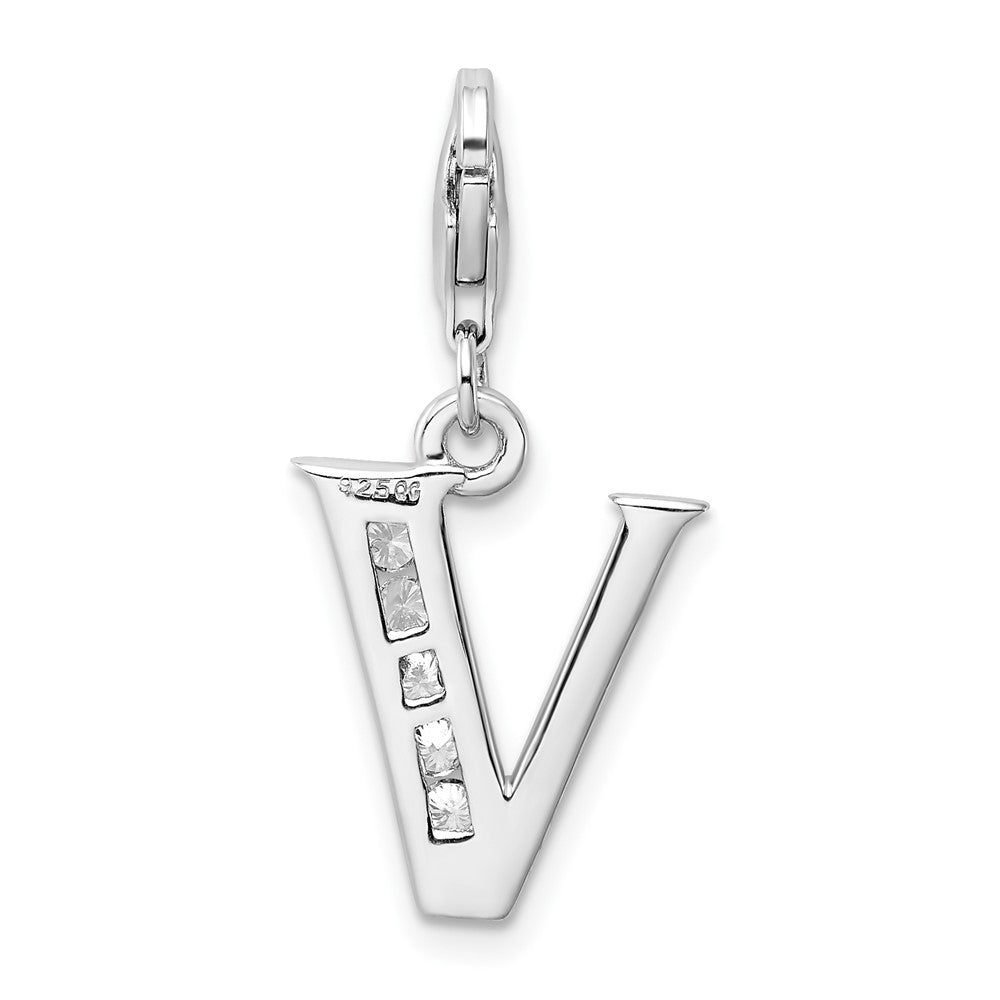 Amore La Vita Sterling Silver Rhodium-plated Polished CZ Letter V Initial Charm with Fancy Lobster Clasp