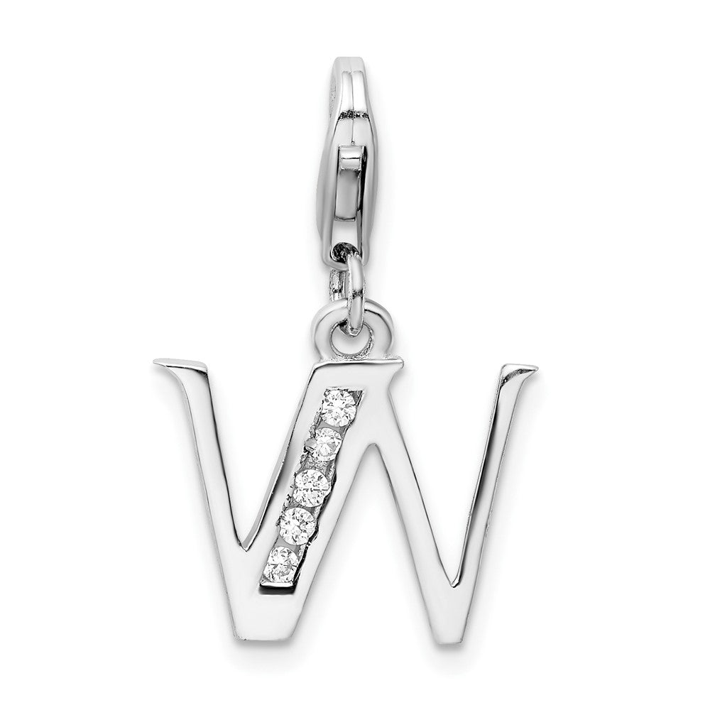 Amore La Vita Sterling Silver Rhodium-plated Polished CZ Letter W Initial Charm with Fancy Lobster Clasp