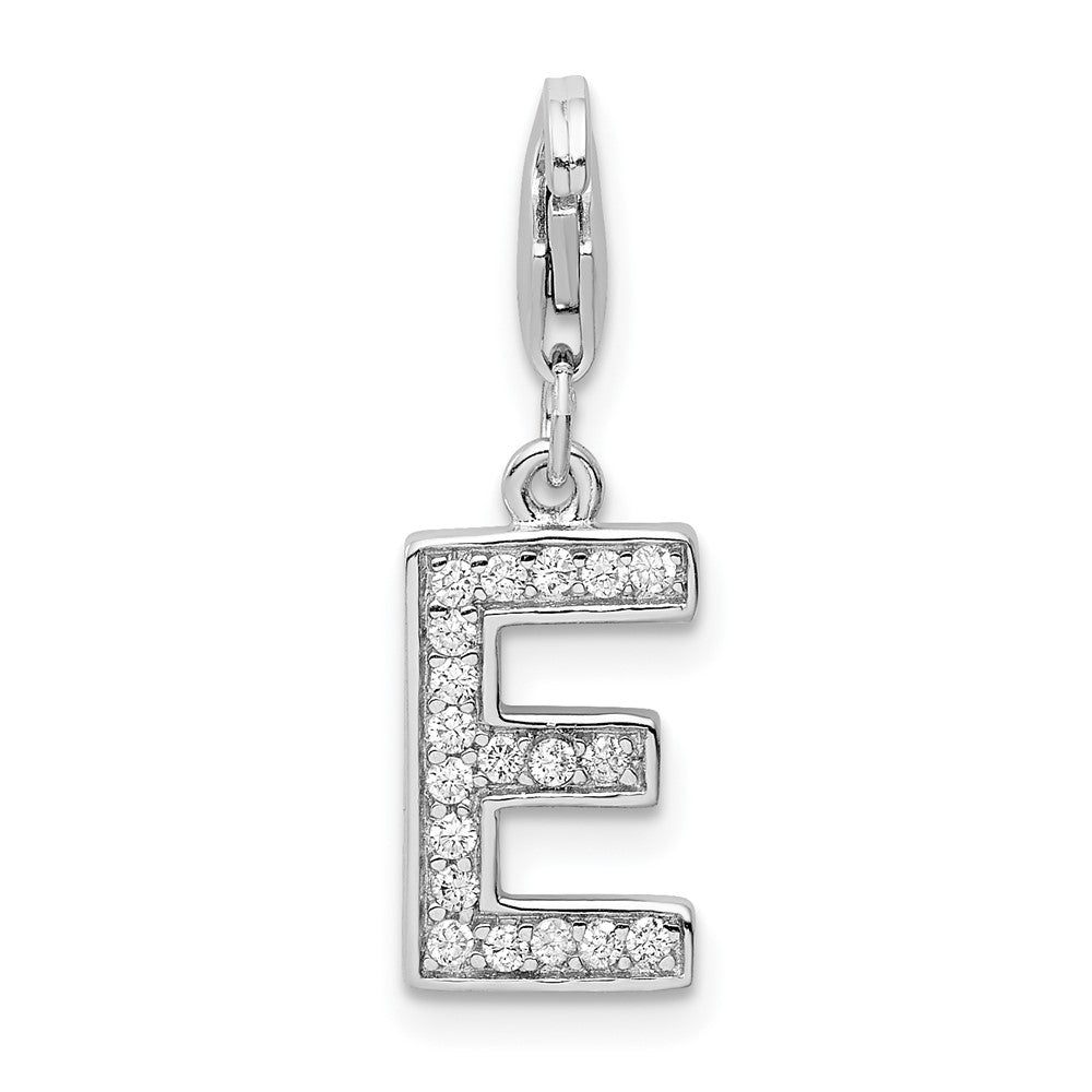 Amore La Vita Sterling Silver Rhodium-plated Polished CZ Letter E Initial Charm with Fancy Lobster Clasp