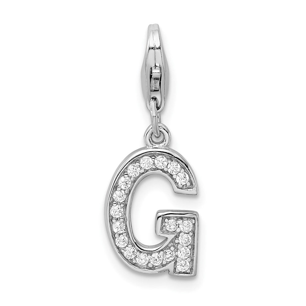 Amore La Vita Sterling Silver Rhodium-plated Polished CZ Letter G Initial Charm with Fancy Lobster Clasp