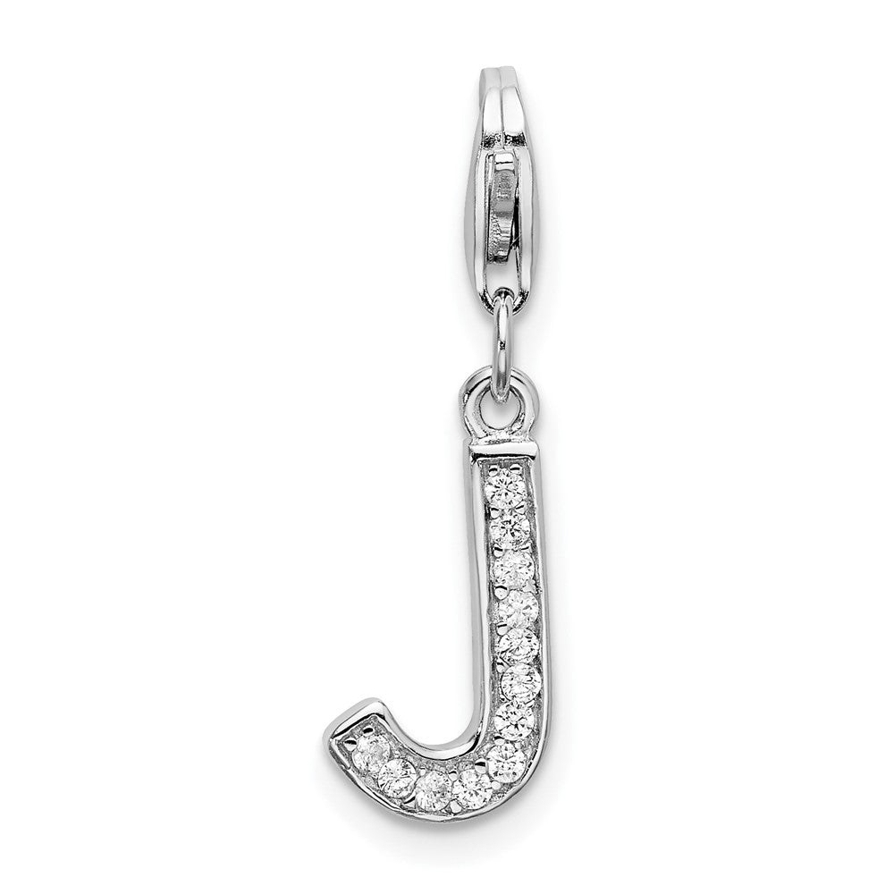 Amore La Vita Sterling Silver Rhodium-plated Polished CZ Letter J Initial Charm with Fancy Lobster Clasp