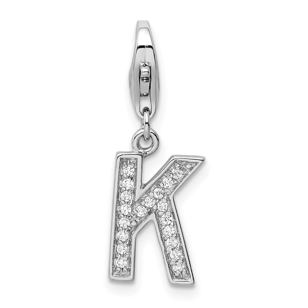 Amore La Vita Sterling Silver Rhodium-plated Polished CZ Letter K Initial Charm with Fancy Lobster Clasp