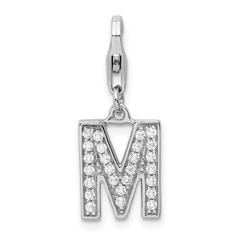 Amore La Vita Sterling Silver Rhodium-plated Polished CZ Letter M Initial Charm with Fancy Lobster Clasp