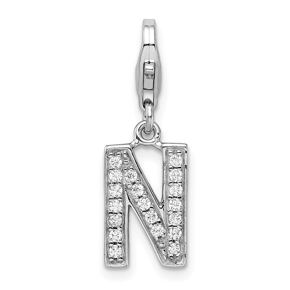 Amore La Vita Sterling Silver Rhodium-plated Polished CZ Letter N Initial Charm with Fancy Lobster Clasp