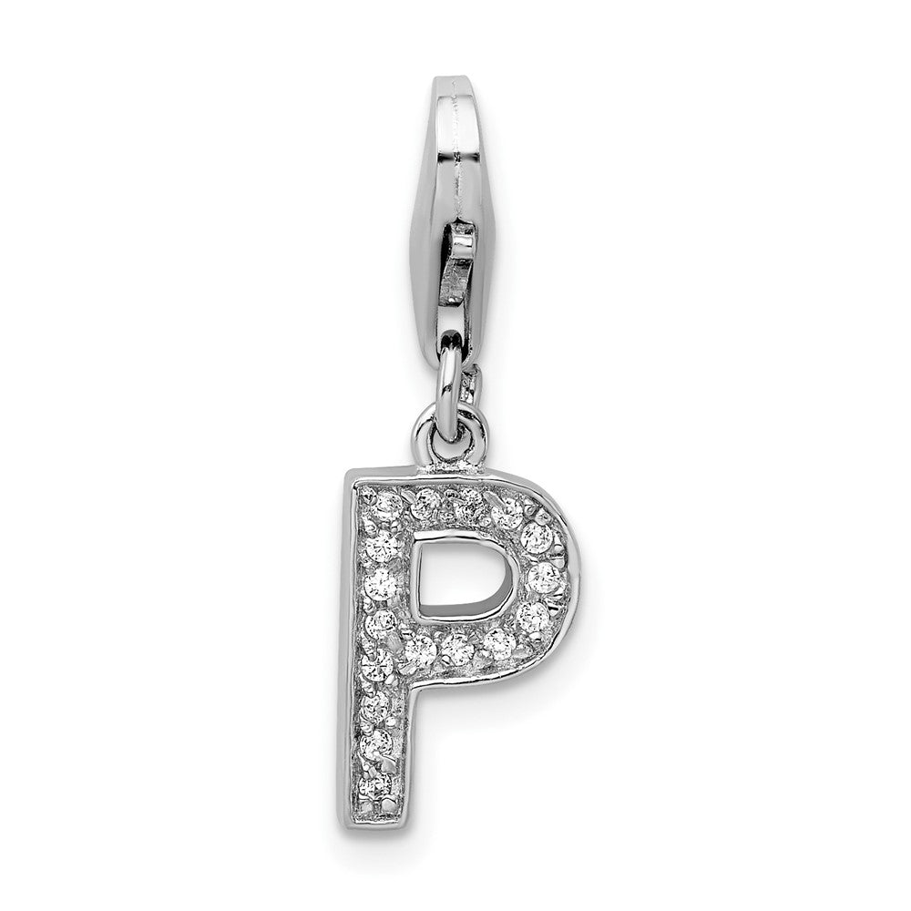 Amore La Vita Sterling Silver Rhodium-plated Polished CZ Letter P Initial Charm with Fancy Lobster Clasp