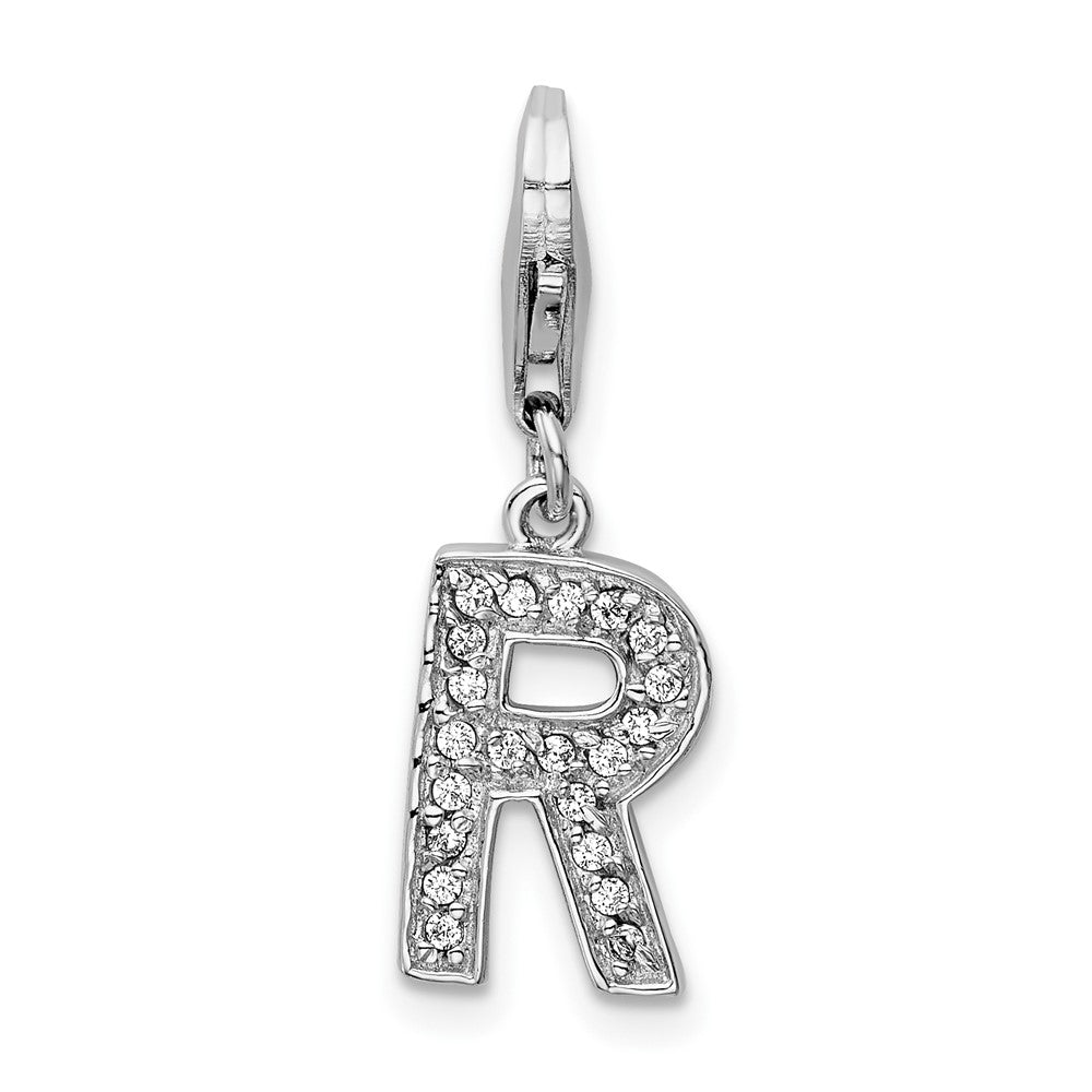 Amore La Vita Sterling Silver Rhodium-plated Polished CZ Letter R Initial Charm with Fancy Lobster Clasp