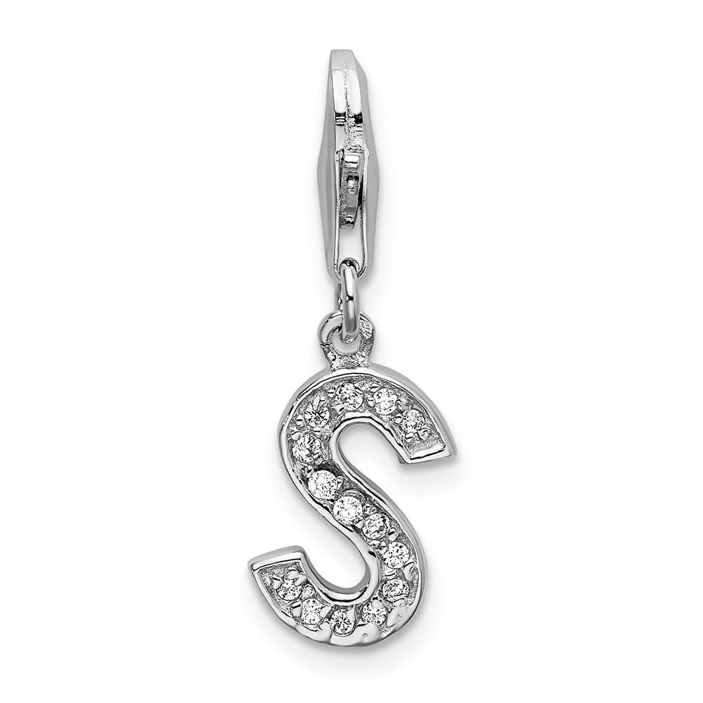 Amore La Vita Sterling Silver Rhodium-plated Polished CZ Letter S Initial Charm with Fancy Lobster Clasp