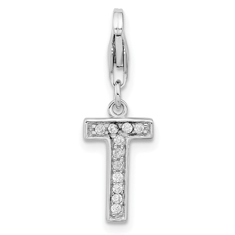 Amore La Vita Sterling Silver Rhodium-plated Polished CZ Letter T Initial Charm with Fancy Lobster Clasp