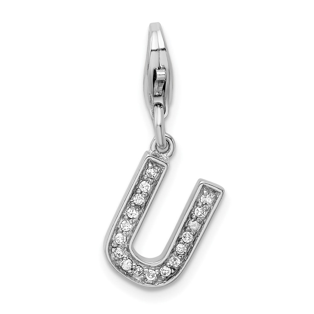 Amore La Vita Sterling Silver Rhodium-plated Polished CZ Letter U Initial Charm with Fancy Lobster Clasp