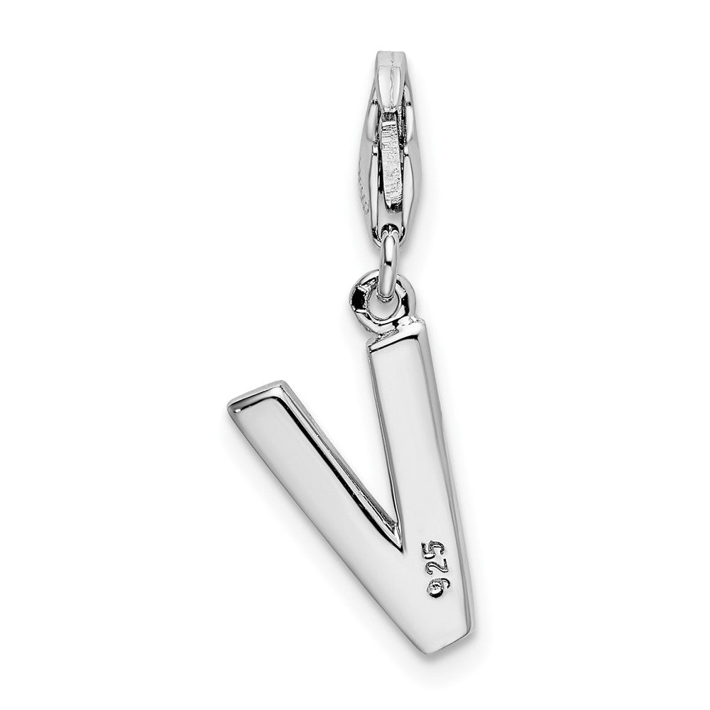 Amore La Vita Sterling Silver Rhodium-plated Polished CZ Letter V Initial Charm with Fancy Lobster Clasp