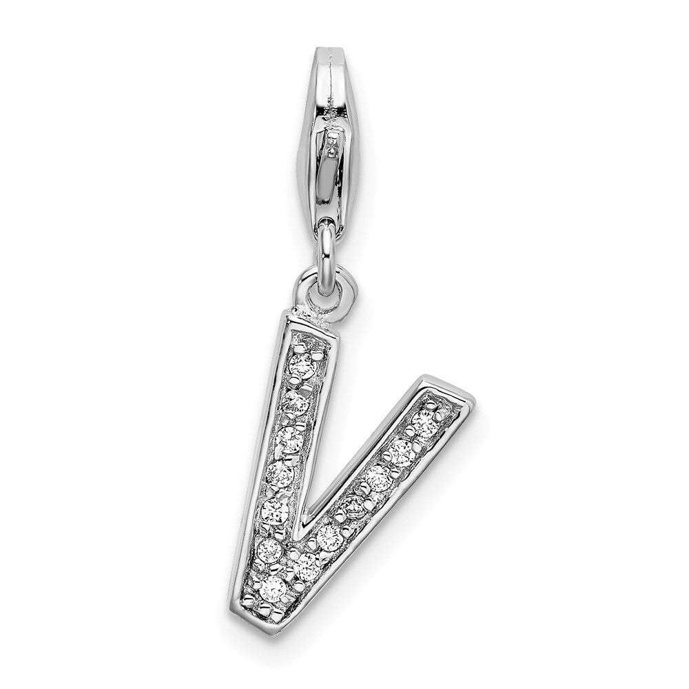 Amore La Vita Sterling Silver Rhodium-plated Polished CZ Letter V Initial Charm with Fancy Lobster Clasp