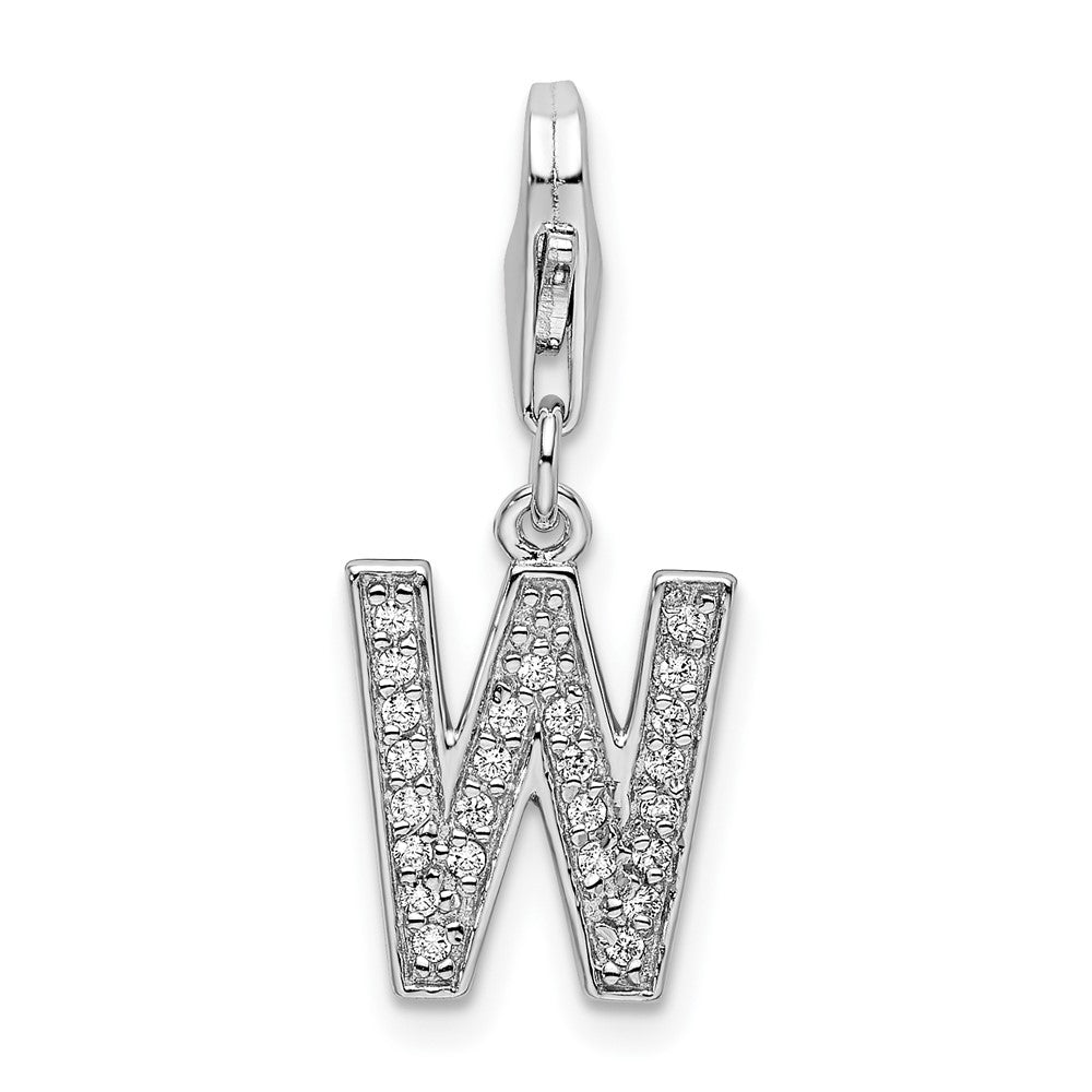 Amore La Vita Sterling Silver Rhodium-plated Polished CZ Letter W Initial Charm with Fancy Lobster Clasp