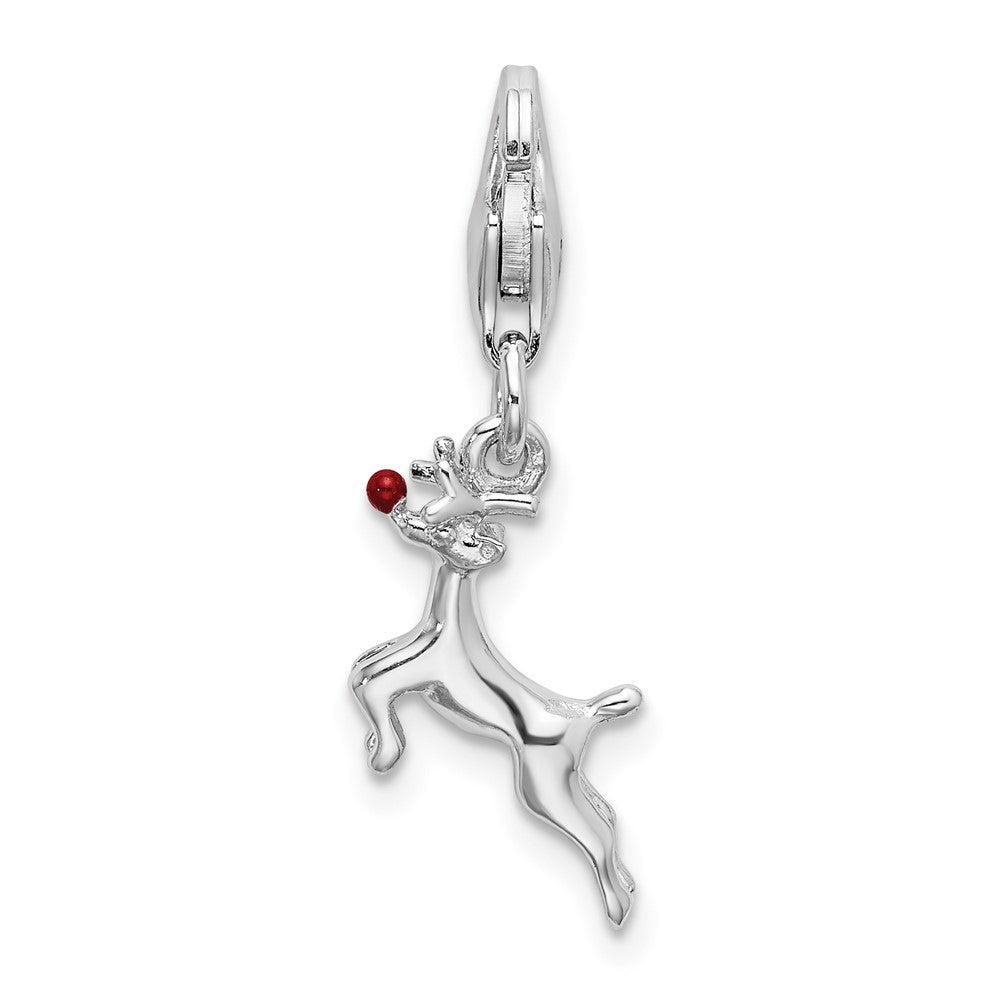 Amore La Vita Sterling Silver Rhodium-plated Polished 3-D Enameled Reindeer Charm with Fancy Lobster Clasp