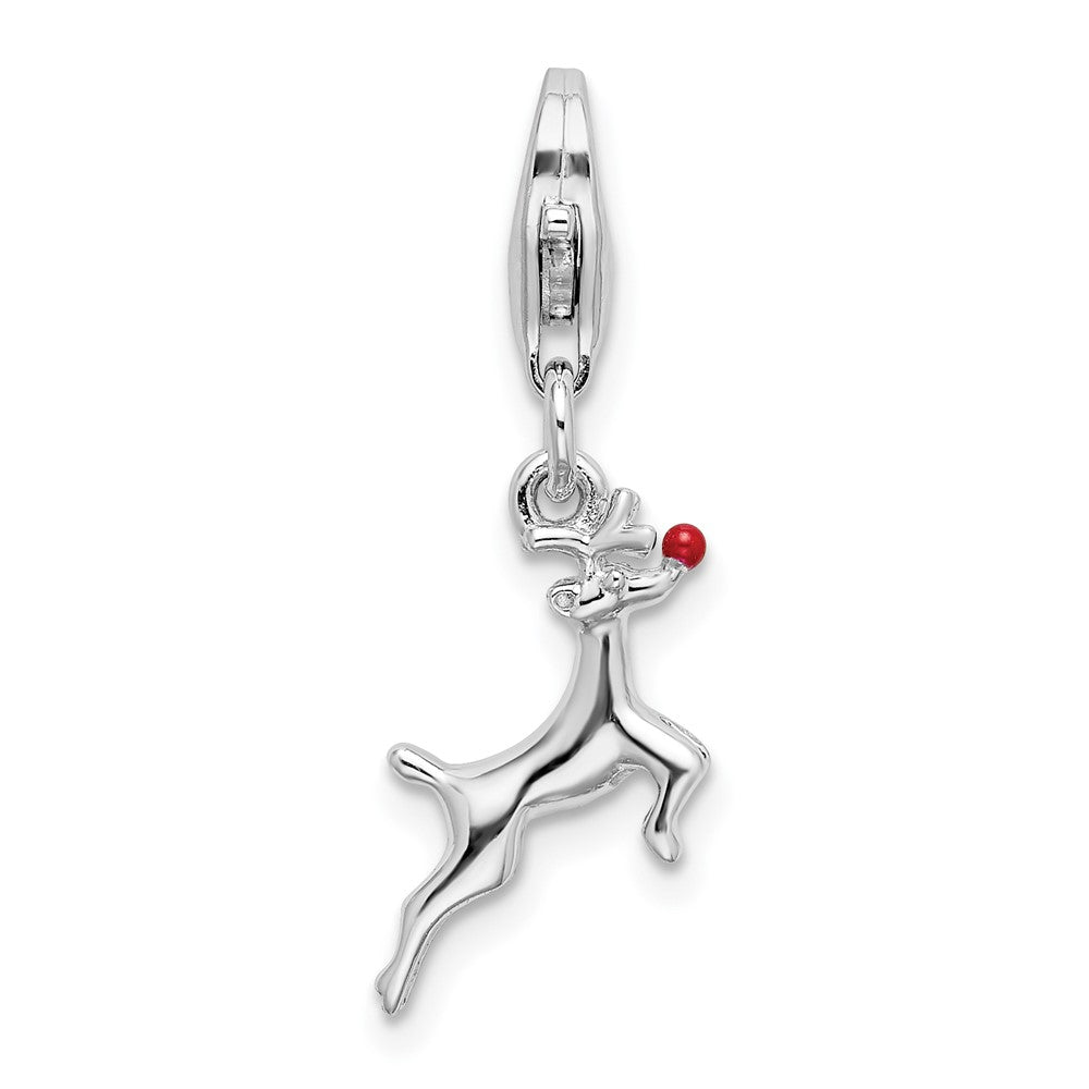 Amore La Vita Sterling Silver Rhodium-plated Polished 3-D Enameled Reindeer Charm with Fancy Lobster Clasp