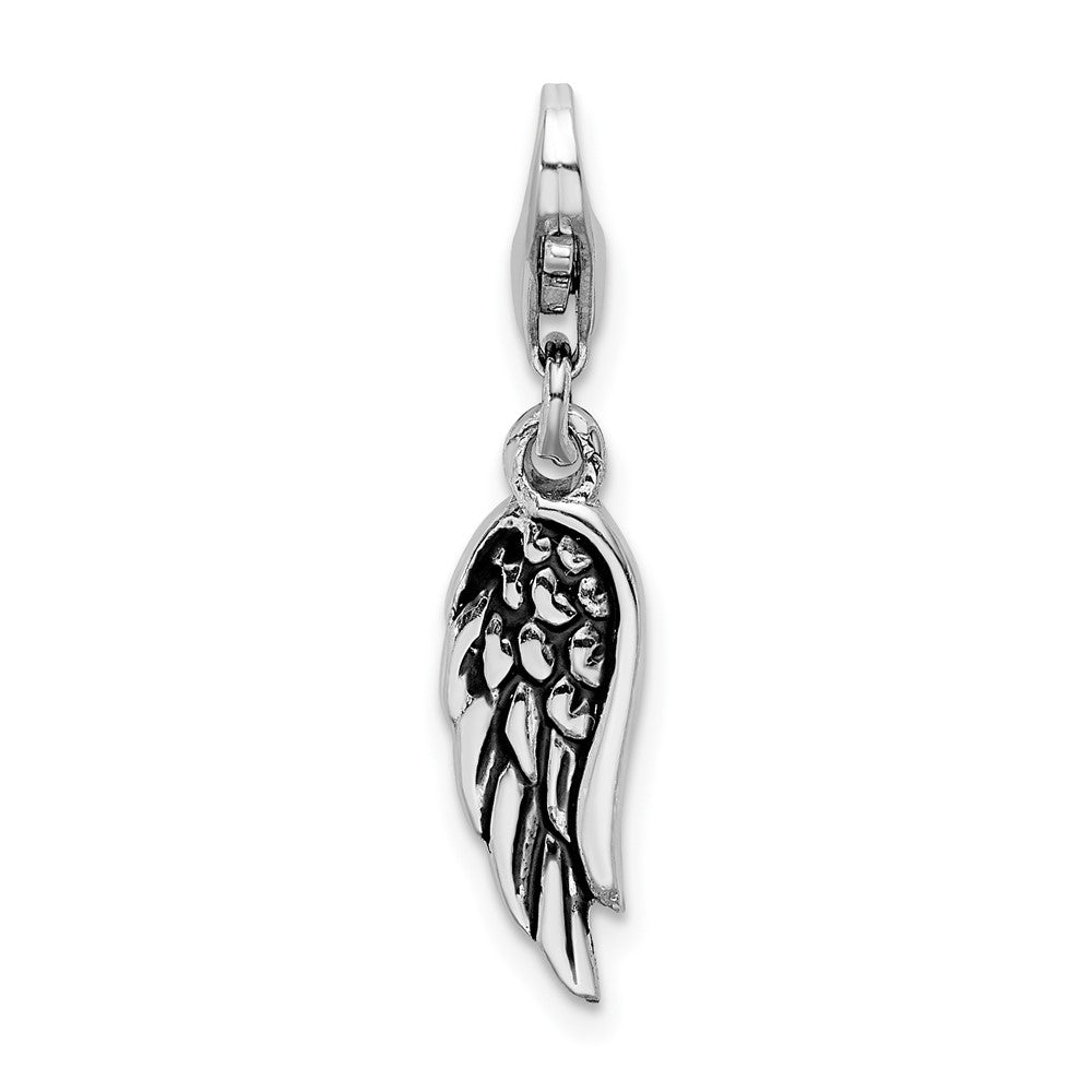 Amore La Vita Sterling Silver Rhodium-plated Polished 3-D Oxidized Wing Charm with Fancy Lobster Clasp