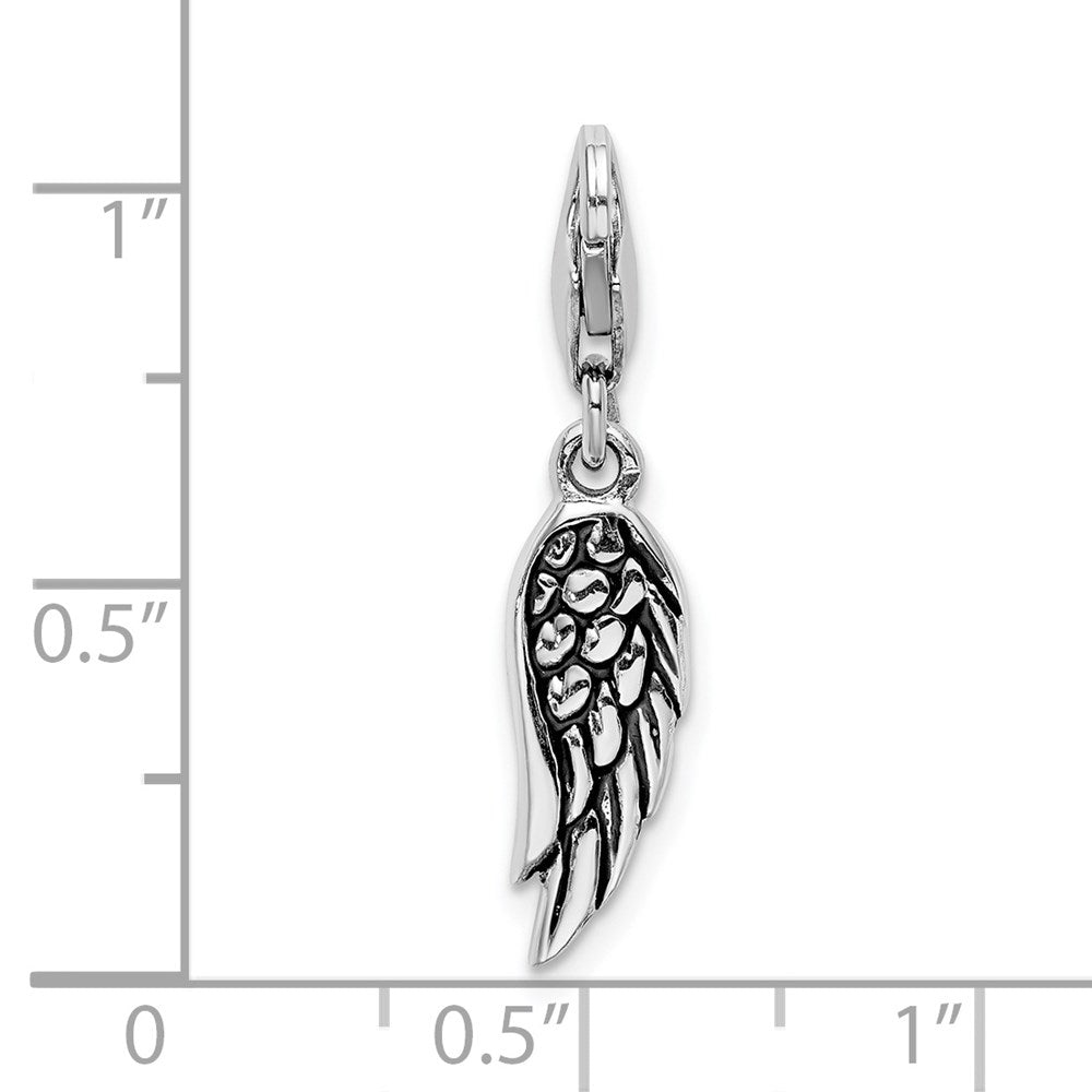 Amore La Vita Sterling Silver Rhodium-plated Polished 3-D Oxidized Wing Charm with Fancy Lobster Clasp