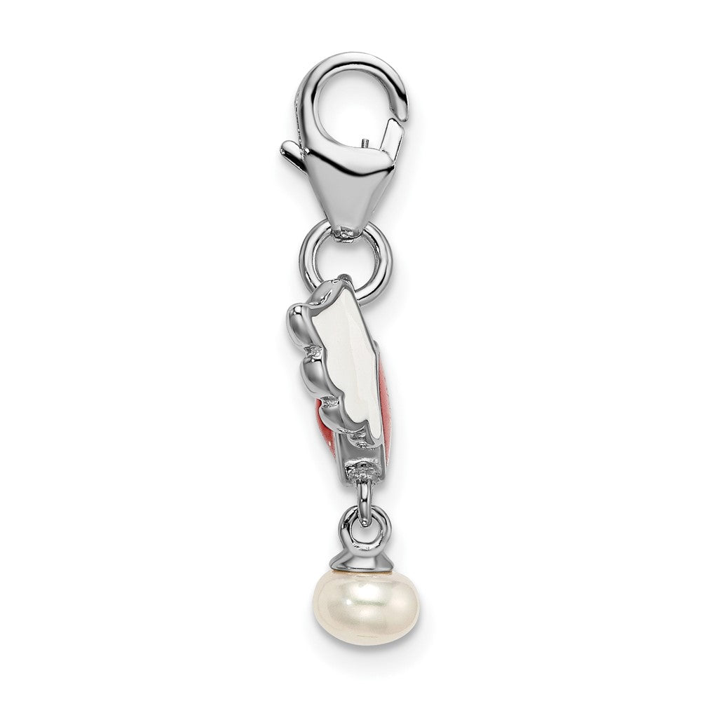 Amore La Vita Sterling Silver Rhodium-plated Polished 3-D Winged Enameled Red Heart and Freshwater Cultured Pearl Dangle C...